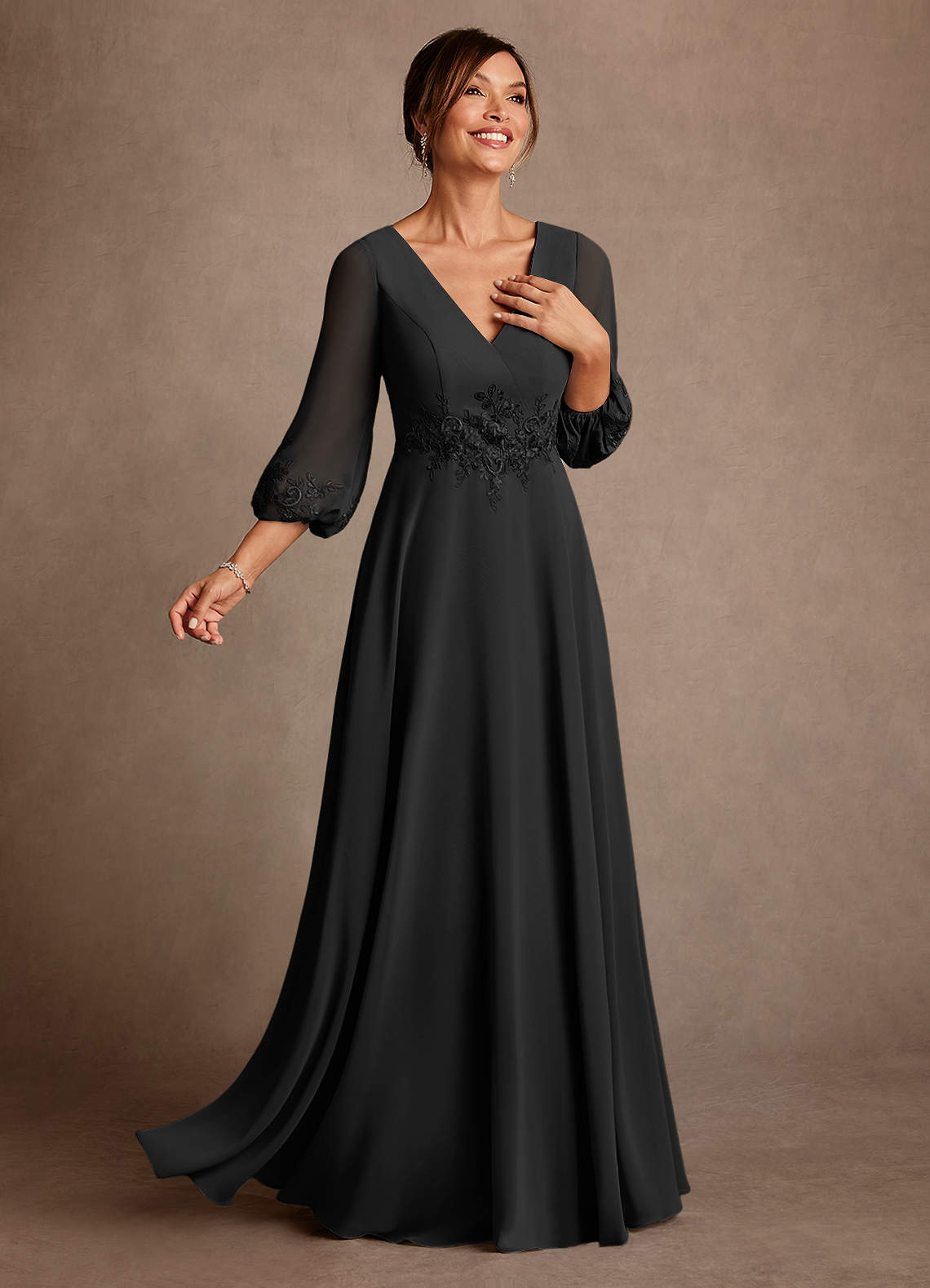 Black A-Line Lace Chiffon Dress