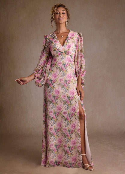 Lavender Floral A-Line Pleated Chiffon Dress
