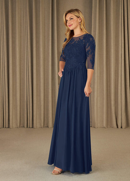 Dark Navy A-Line Scoop Lace Chiffon Dress
