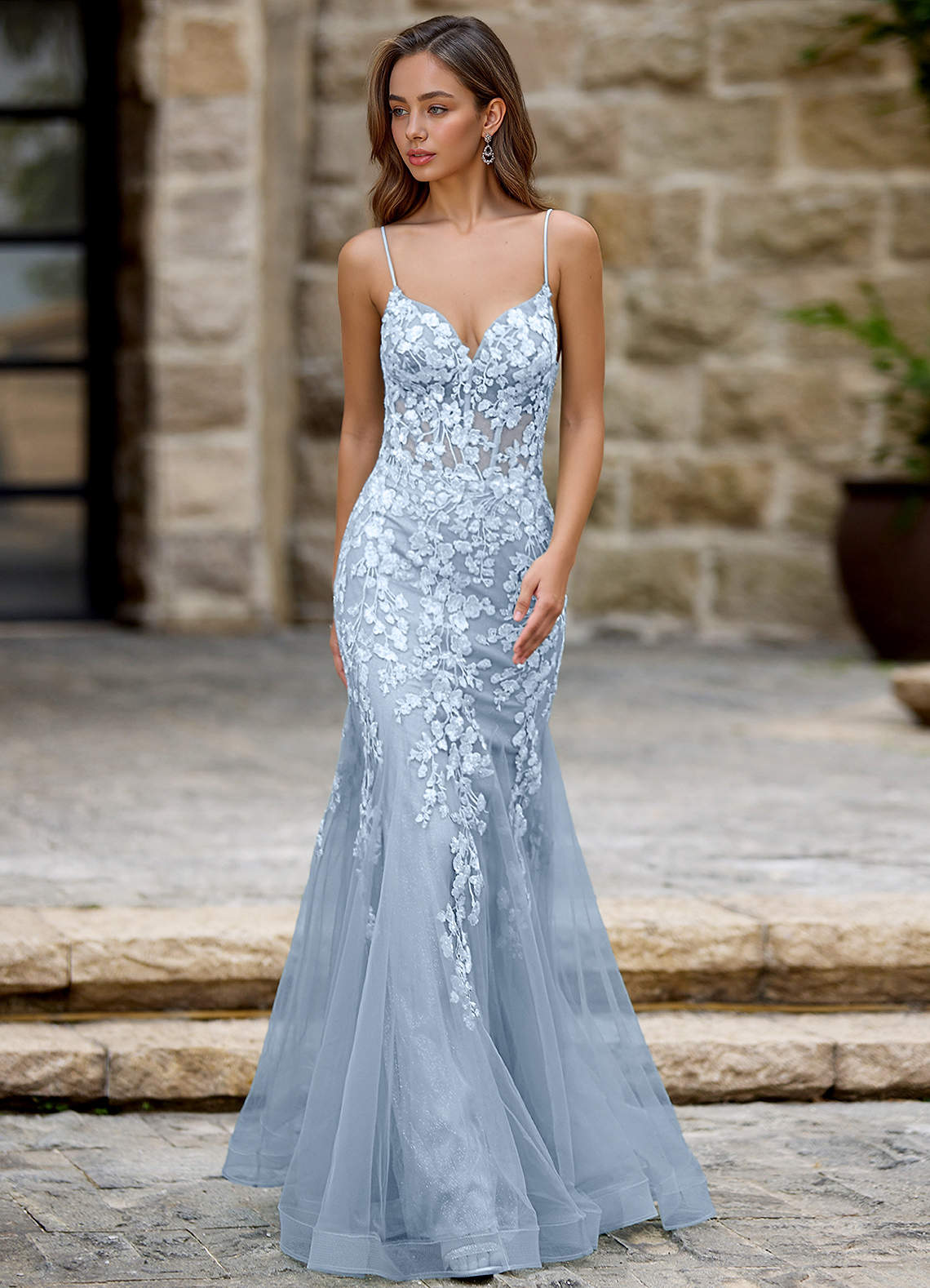 Dentelle Light Blue Mermaid Prom Dress