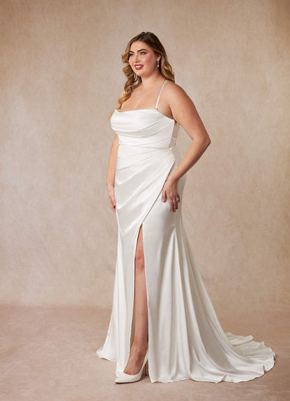 Diamond White Mermaid Pleated Stretch Satin Dress