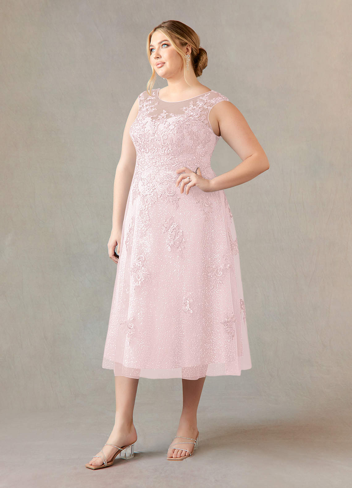 Blushing Pink A-Line Boatneck Lace Tulle Dress