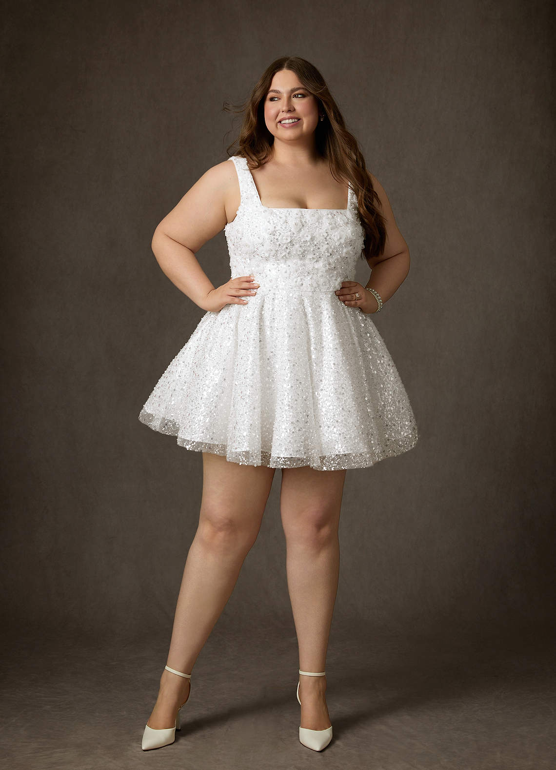 Diamond White A-Line with Pockets Beading Dress