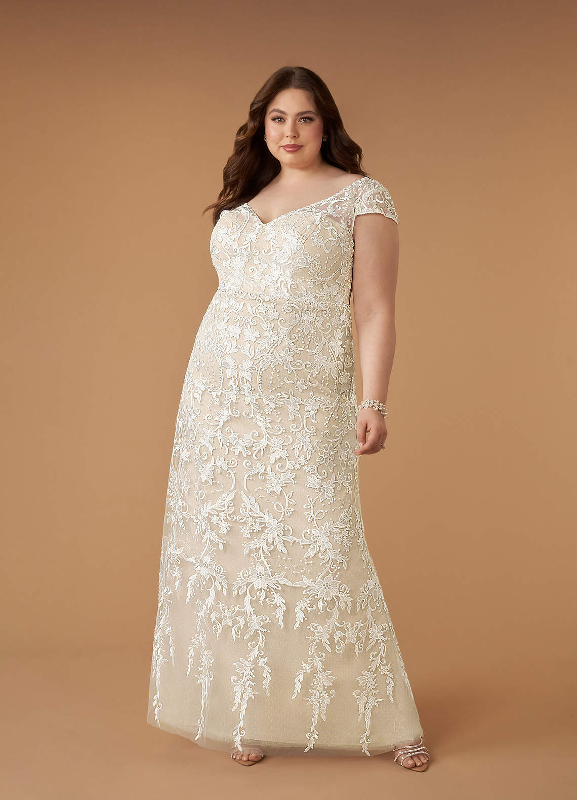 Diamond White Champagne Sheath V-Neck Sequins Lace Dress
