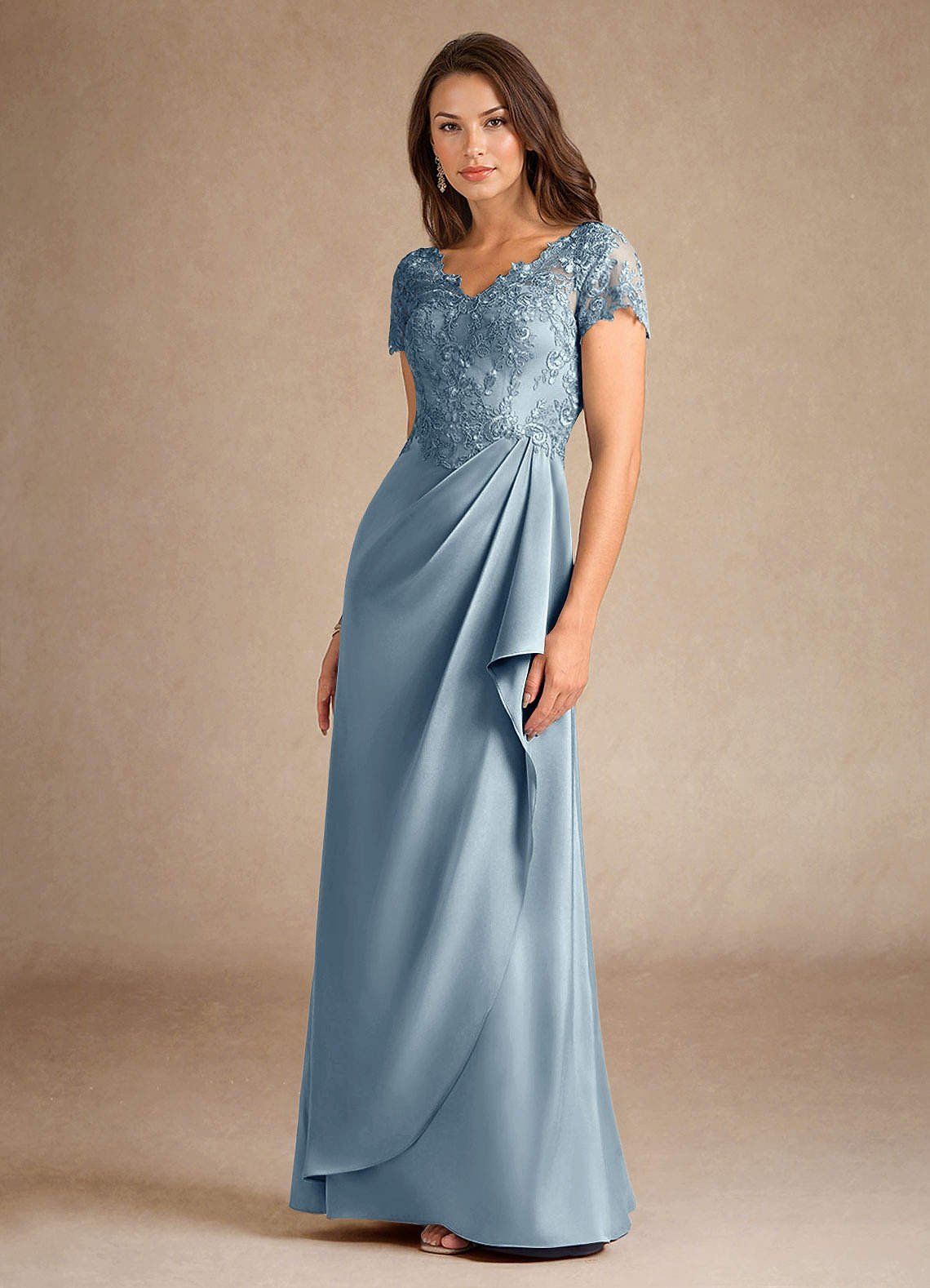 Dusty Blue A-Line Lace Stretch Satin Dress