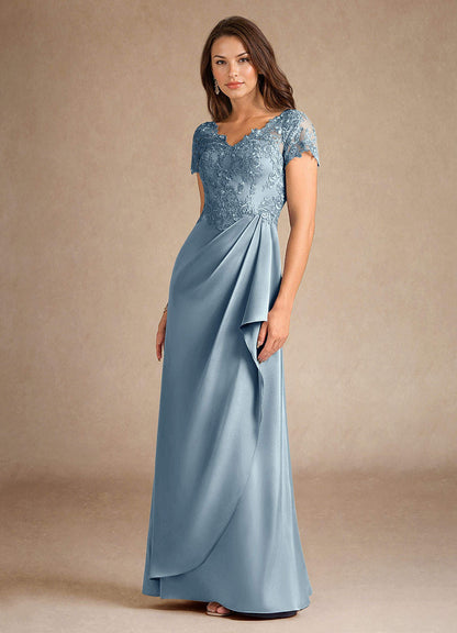 Dusty Blue A-Line Lace Stretch Satin Dress