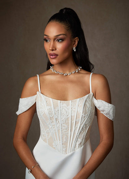 Diamond White Champagne Mermaid Off the Shoulder Satin Dress