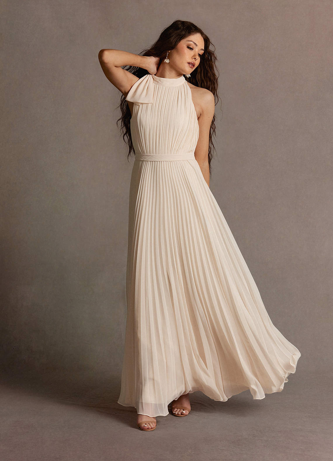 Michaela Cream Pleated Maxi Dress  Dress