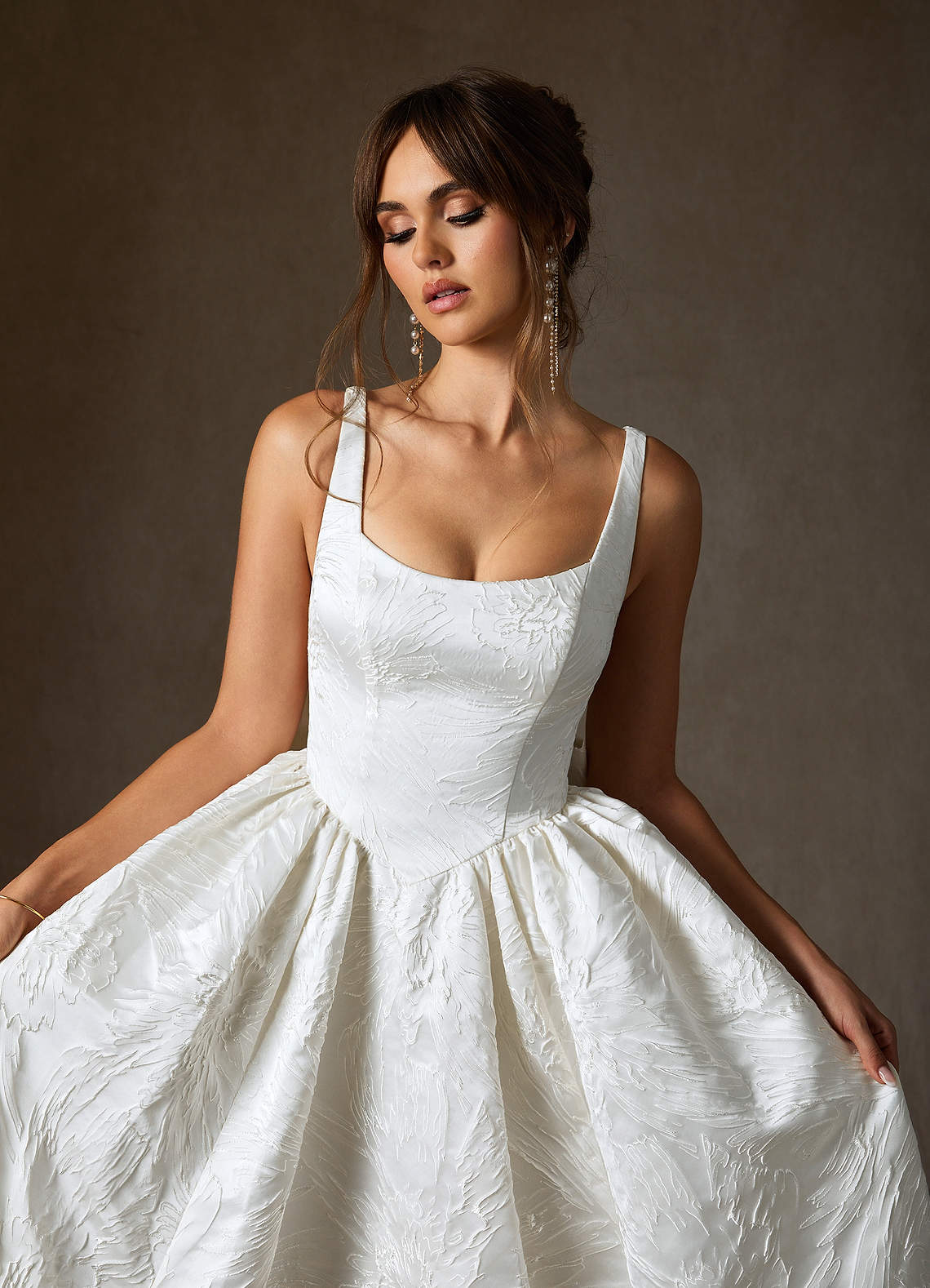 Diamond White Ball-Gown with Pockets Floral Jacquard Dress
