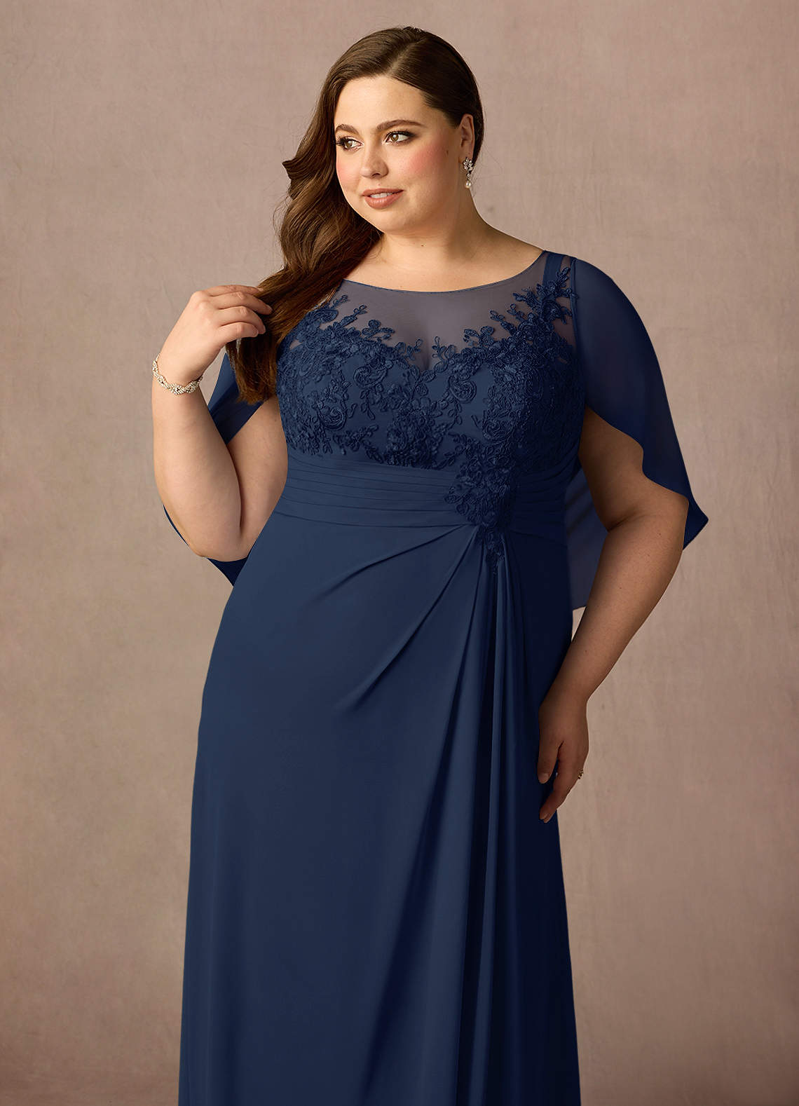 Dark Navy A-Line Lace Capelet Chiffon Dress
