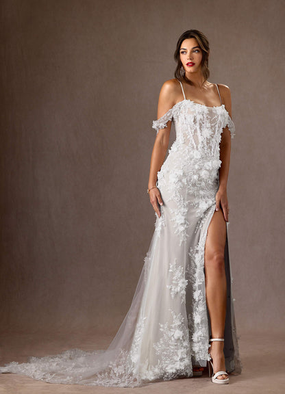 Diamond White Mermaid Strapless Lace Dress