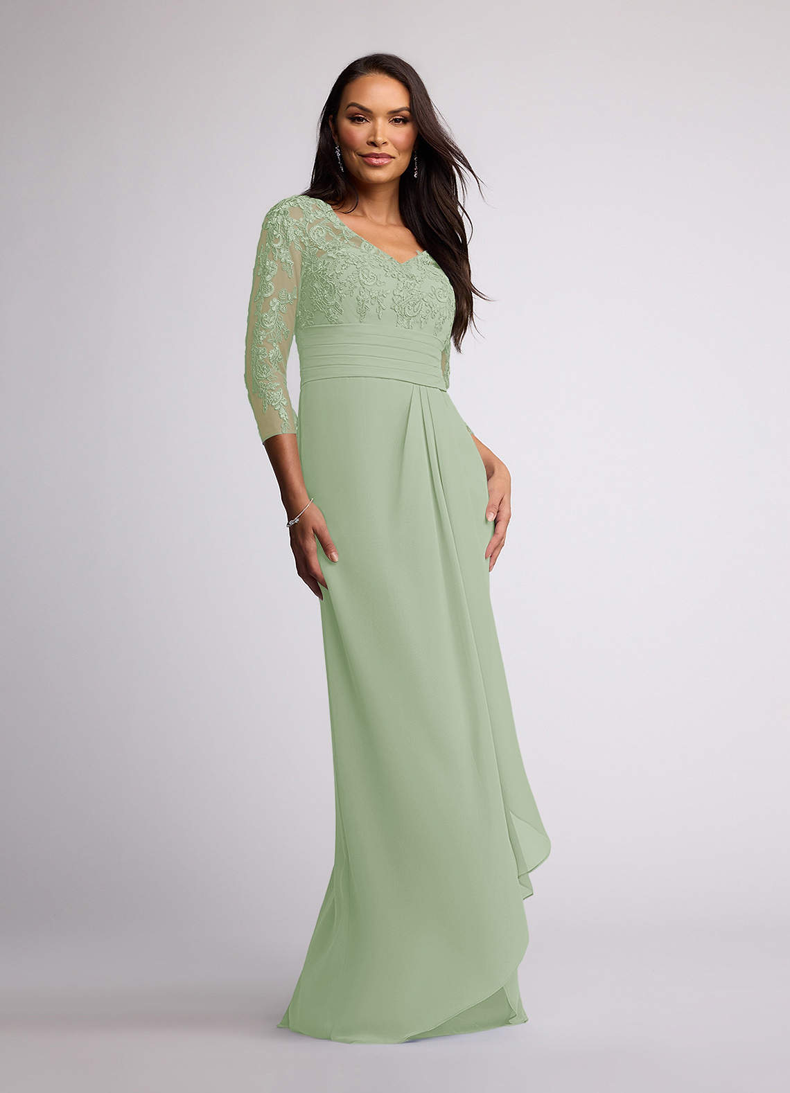 Dusty Sage Sheath V-Neck Lace Chiffon Dress