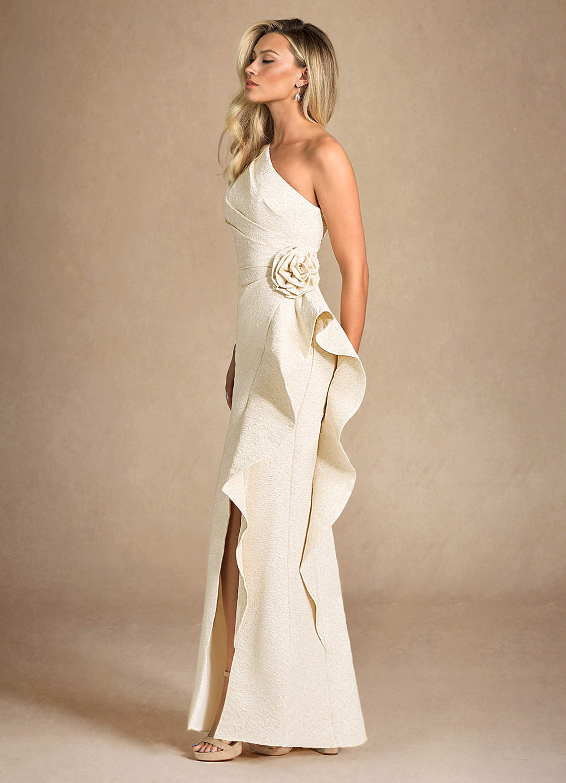 Light Gold Jacquard Mermaid One Shoulder Metallic Jacquard Dress
