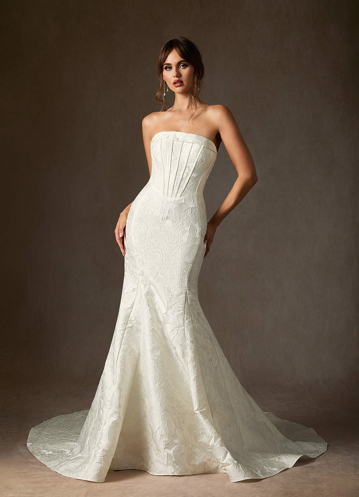 Antique White Mermaid Strapless Floral Jacquard Dress