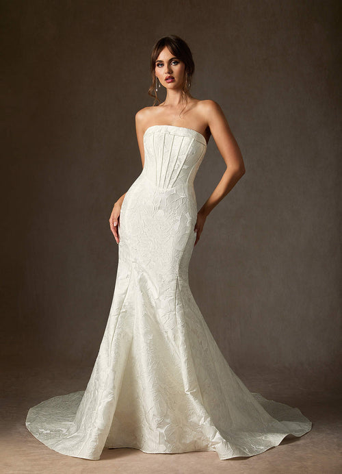 Antique White Mermaid Strapless Floral Jacquard Dress