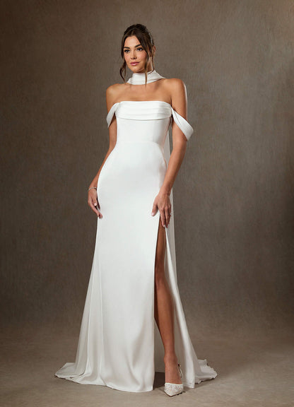 Diamond White Sheath Side Slit Stretch Satin Dress