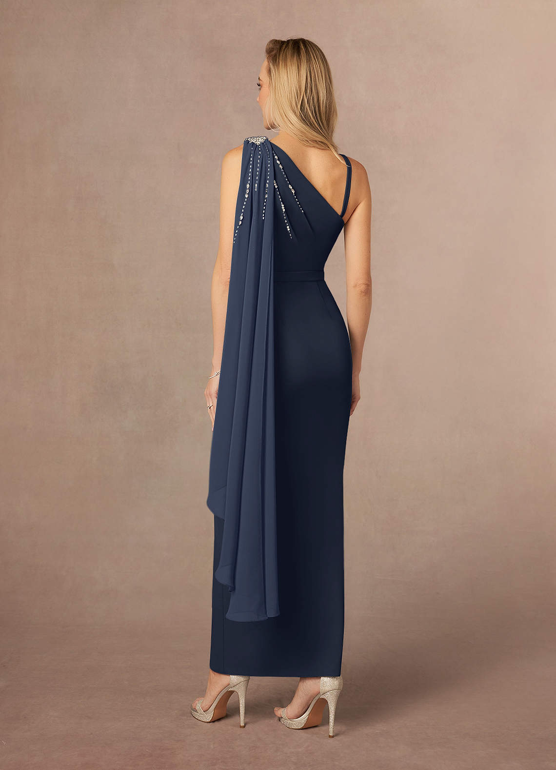 Dark Navy One Shoulder Stretch Crepe Dress