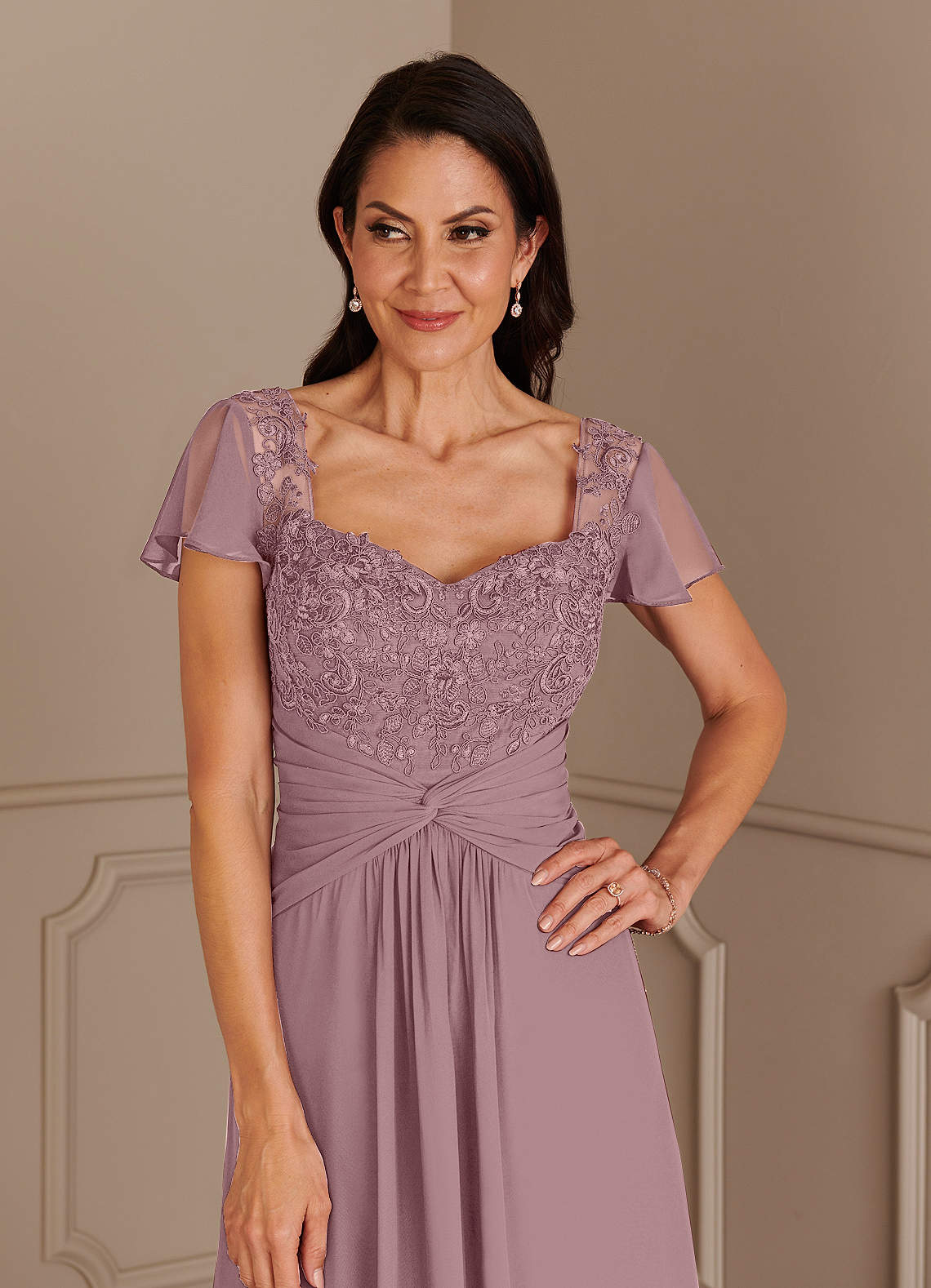 Dusty Rose A-Line Lace Chiffon Dress