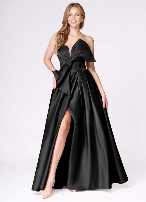Miebow Black Strapless Illusion V-Neck Gown  Dress