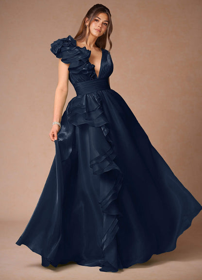 Vespera Navy Ruffles Gown  Dress