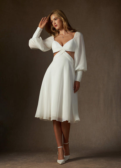 Diamond White A-Line V-Neck Pleated Chiffon Dress