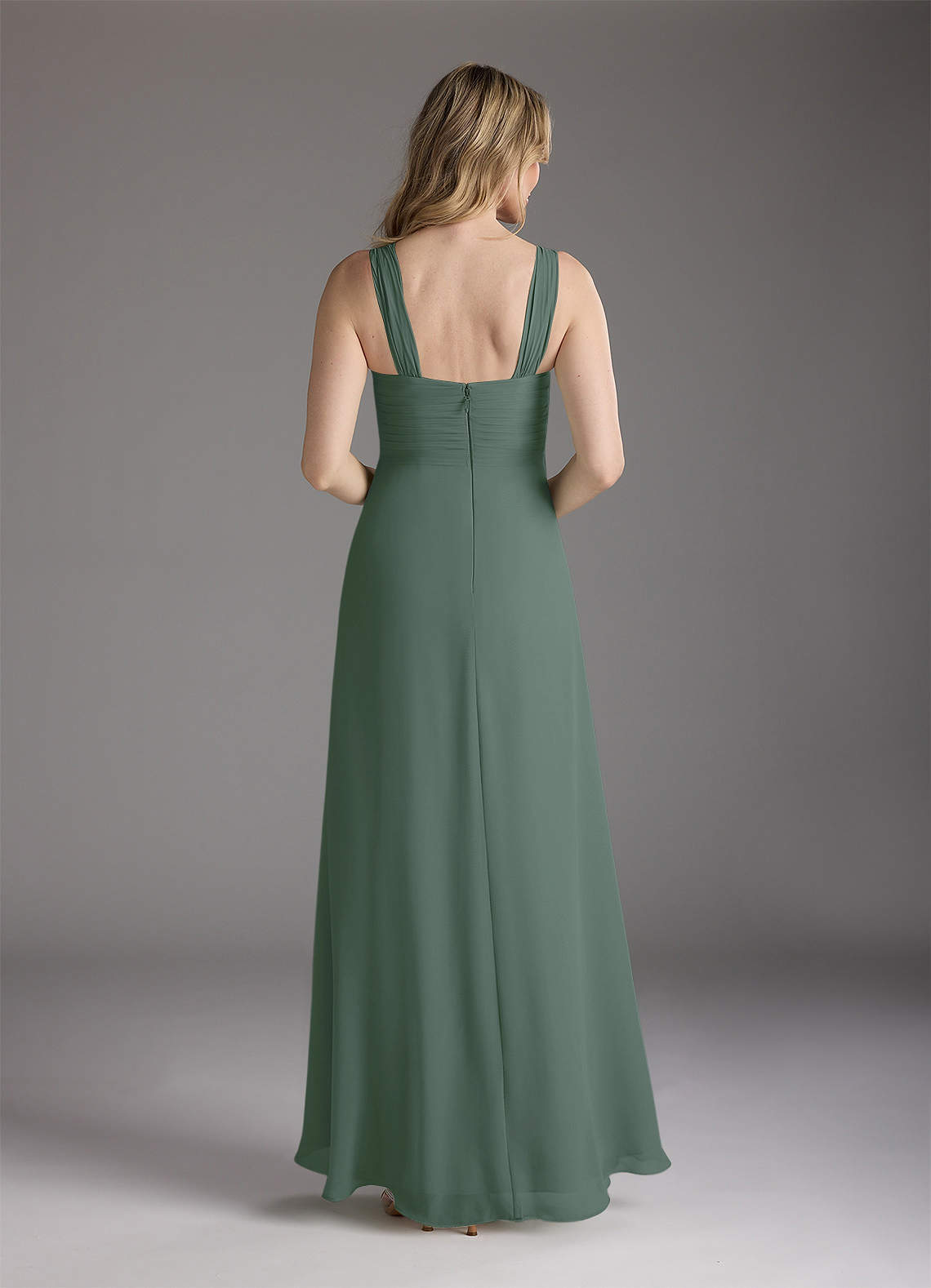 Eucalyptus A-Line Square Neckline Pleated Chiffon Dress