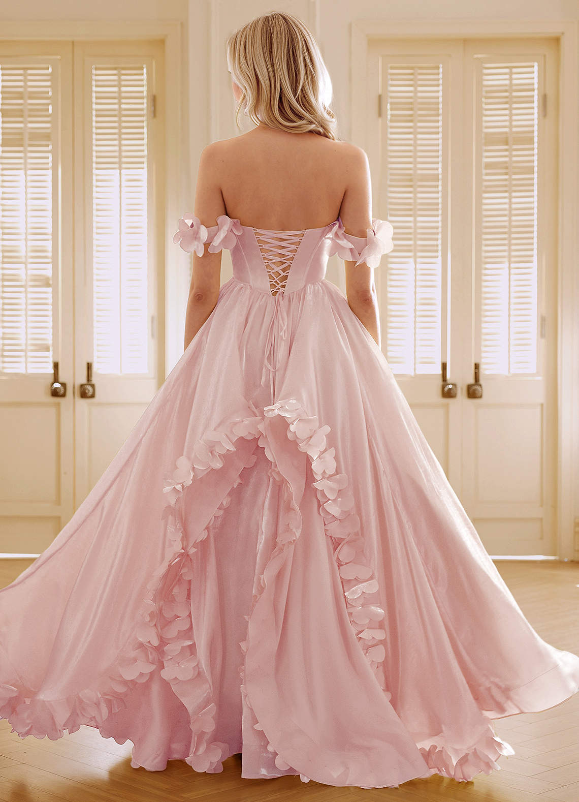Elysia Pink Corset Rhinestone Sheer Lace Prom Dress