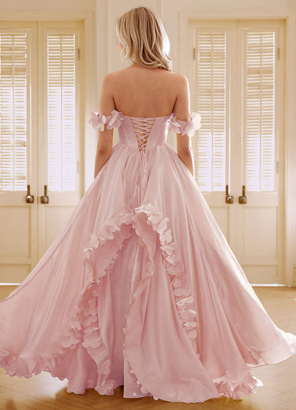 Elysia Pink Corset Rhinestone Sheer Lace Prom Dress