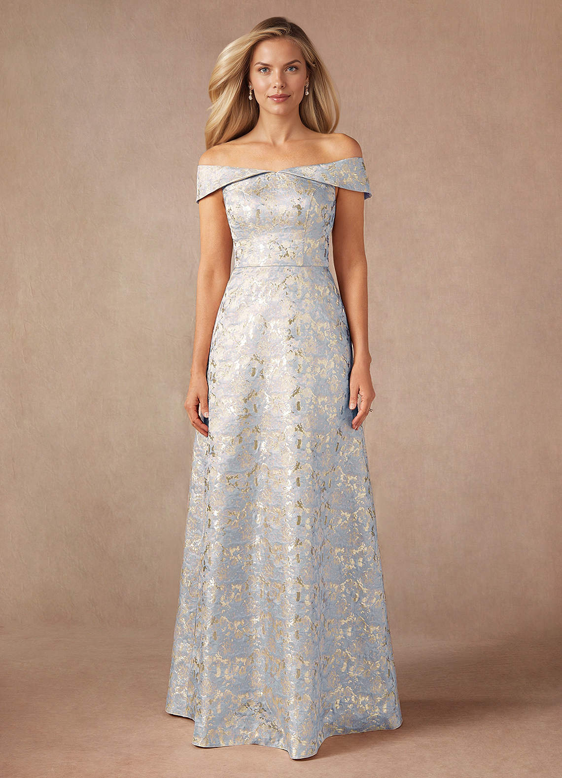 Dusty Blue A-Line Off the Shoulder Jacquard Dress