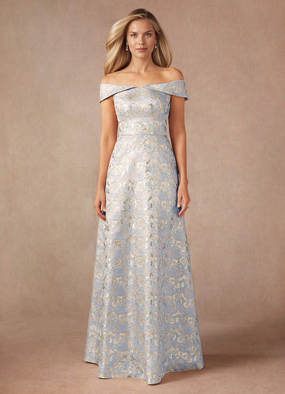 Dusty Blue A-Line Off the Shoulder Jacquard Dress