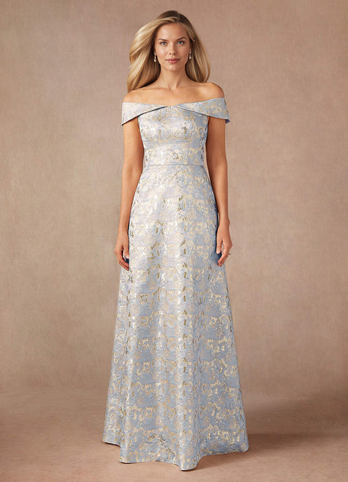 Dusty Blue A-Line Off the Shoulder Jacquard Dress