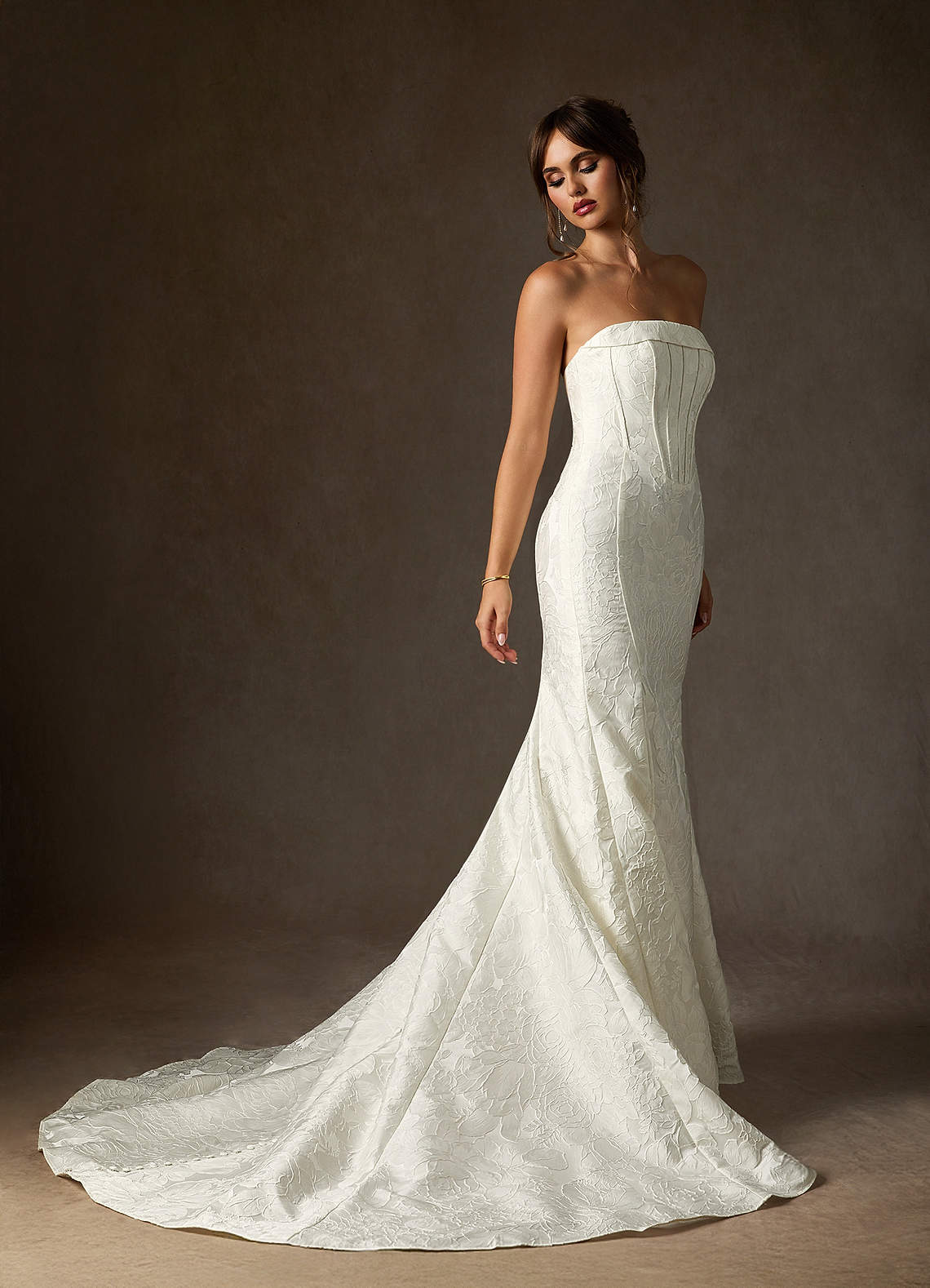 Antique White Mermaid Strapless Floral Jacquard Dress