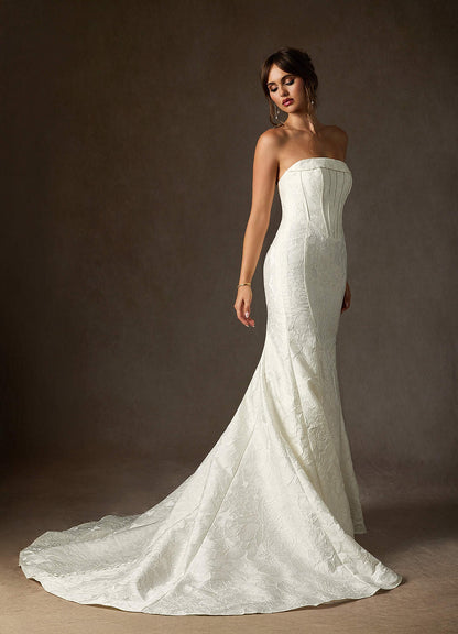 Antique White Mermaid Strapless Floral Jacquard Dress
