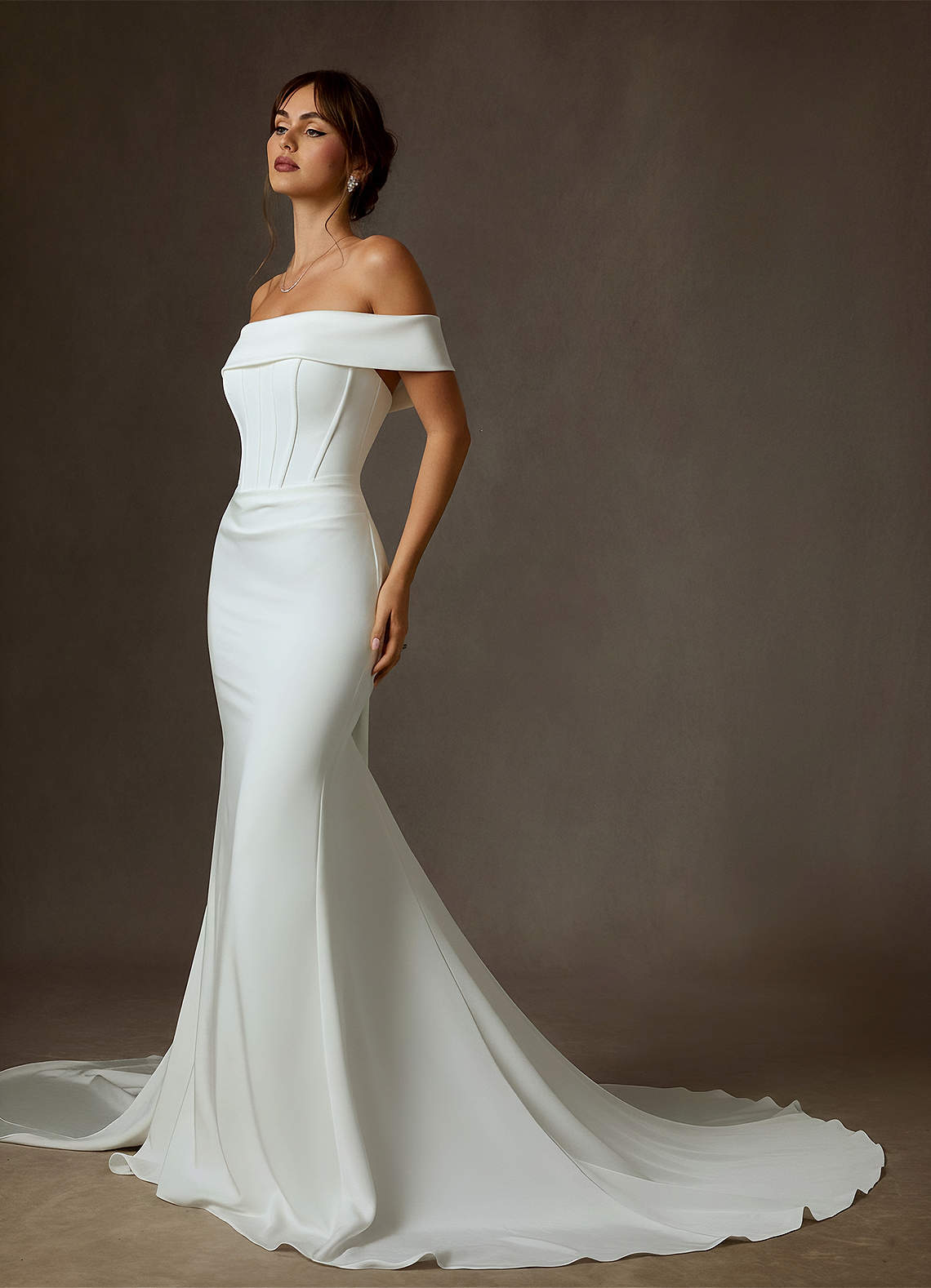 Diamond White Mermaid Off the Shoulder Crepe Back Satin Dress