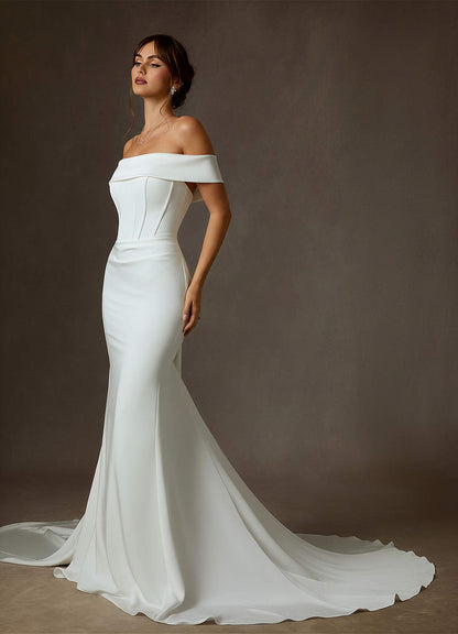 Diamond White Mermaid Off the Shoulder Crepe Back Satin Dress