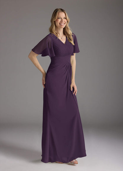 Plum A-Line V-Neck Ruched Chiffon Dress