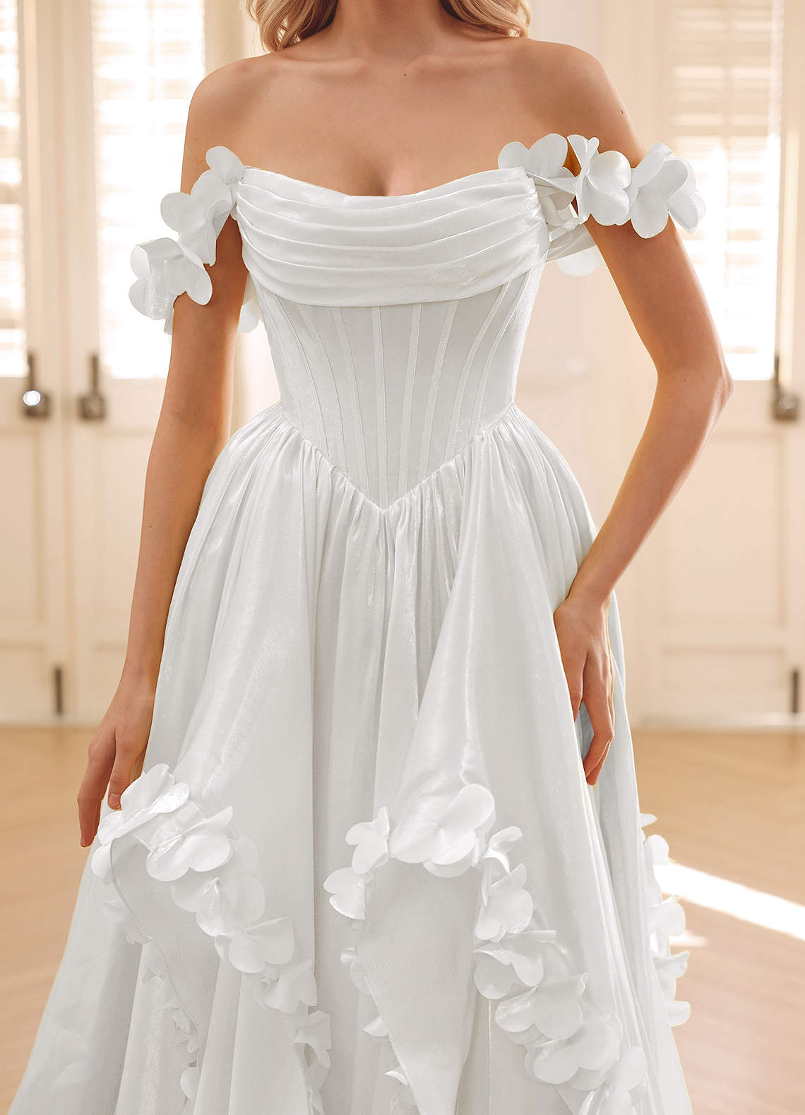 Elysia Ivory Corset Rhinestone Sheer Lace Prom Dress