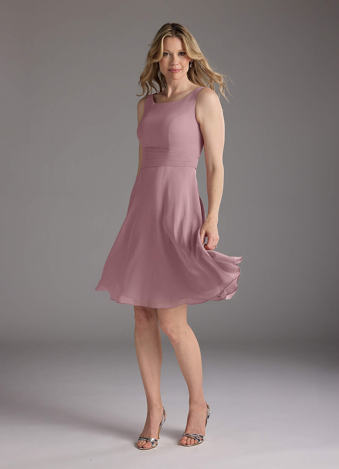 Dusty Rose A-Line Scoop Pleated Chiffon Dress