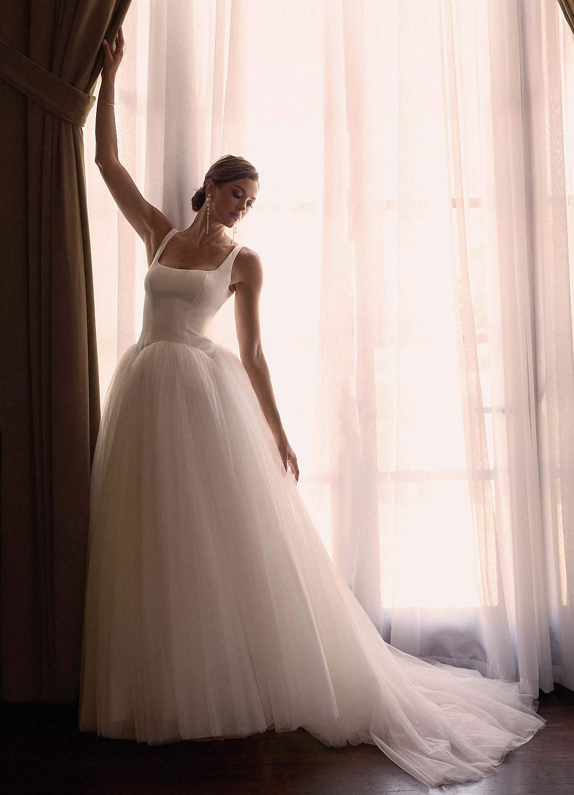 Diamond White A-Line Detachable Train Double Faced Satin Dress