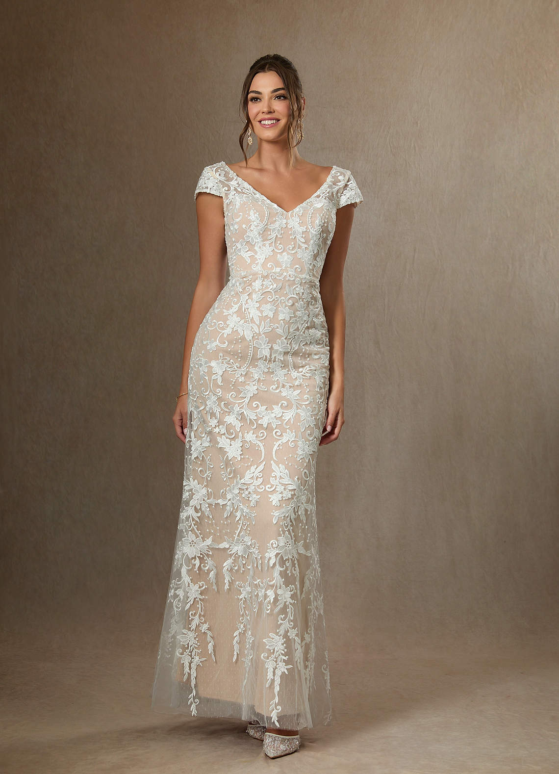 Diamond White Champagne Sheath V-Neck Sequins Lace Dress