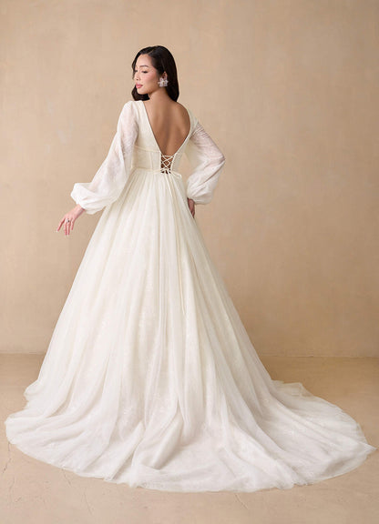Diamond White Champagne Ball-Gown Lace Tulle Dress