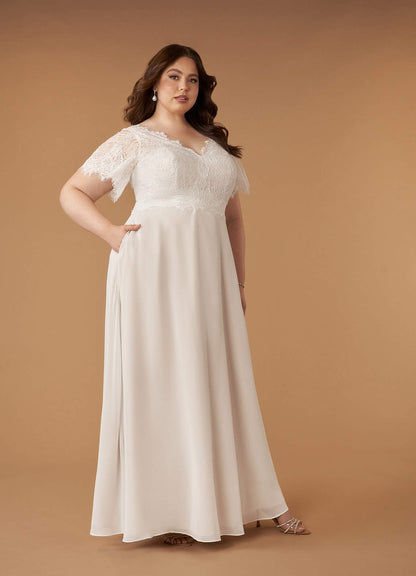 Diamond White Champagne A-Line V-Neck lace Chiffon Dress