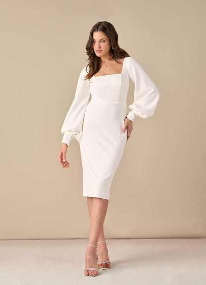 Diamond White Sheath Square Neckline Stretch Crepe Dress