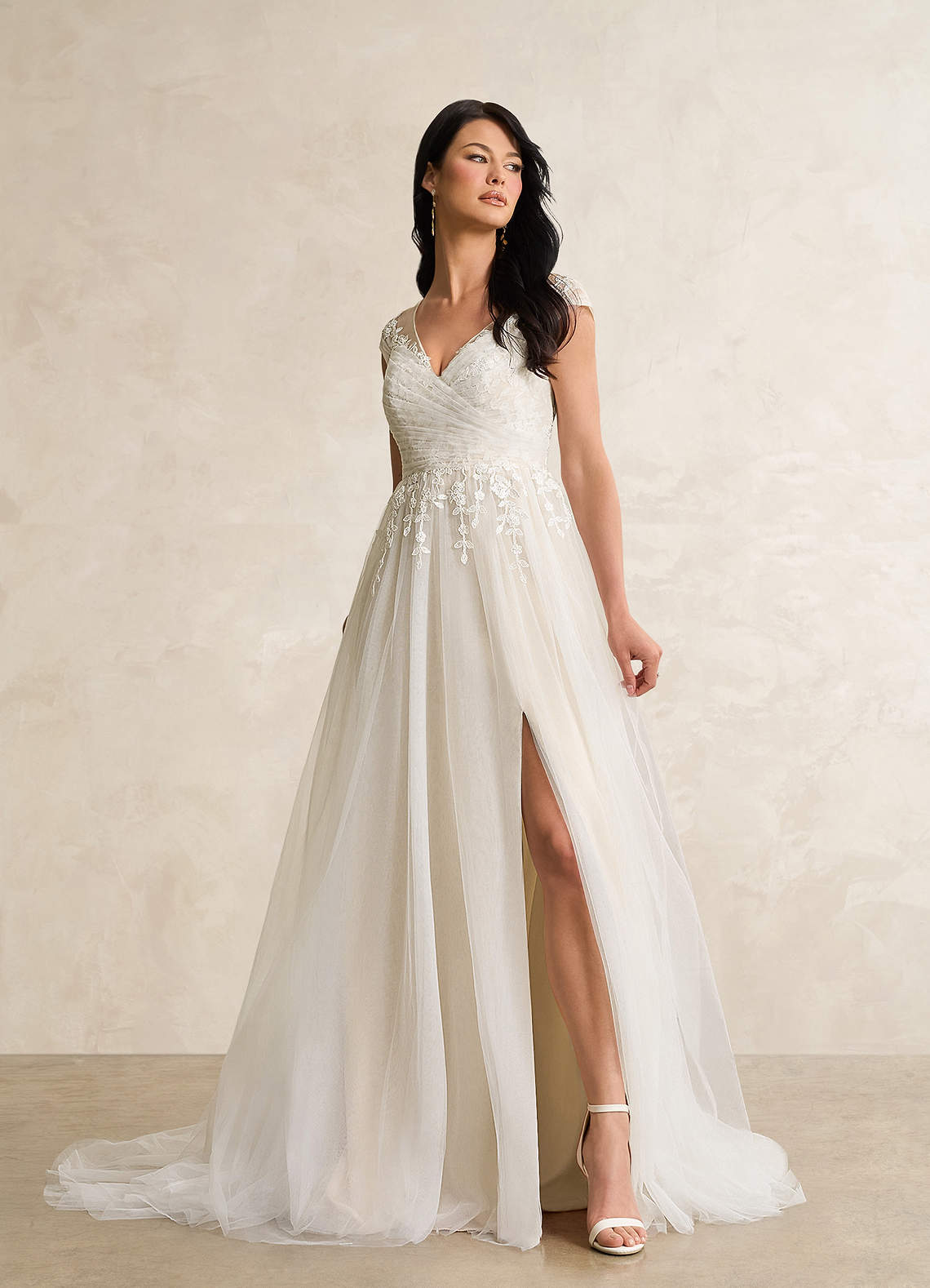 Diamond White Champagne A-Line V-Neck Tulle Dress