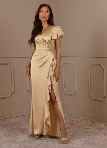 Champagne Mermaid V-Neck Pleated Stretch Satin Dress