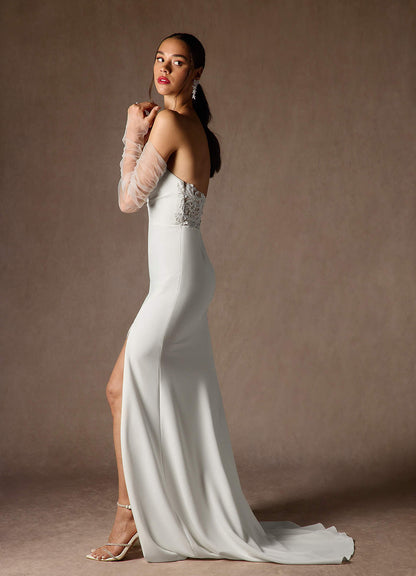 Diamond White Mermaid V-Neck Stretch Crepe Dress