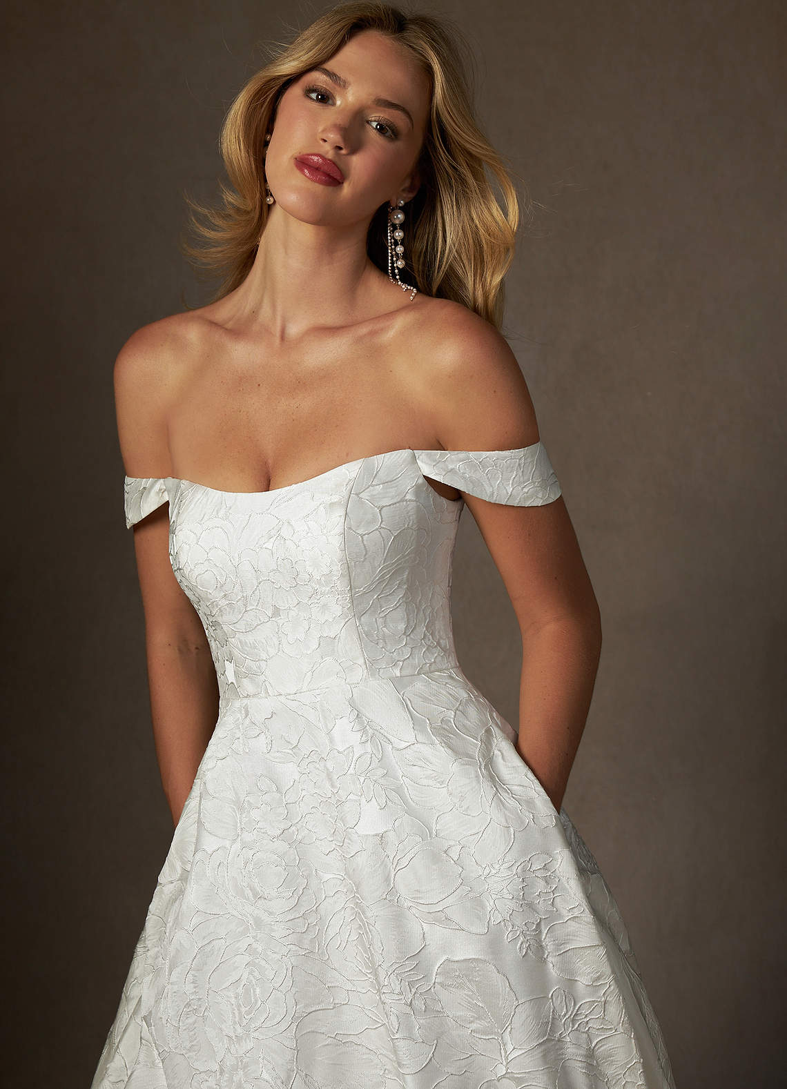 Antique White Ball-Gown Strapless Floral Jacquard Dress