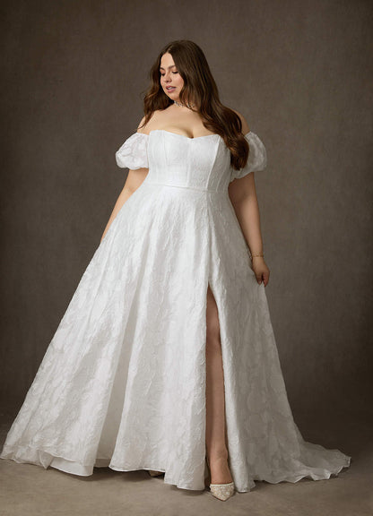 Diamond White Ball-Gown Sweetheart Neckline Floral Burnout Jacquard Dress