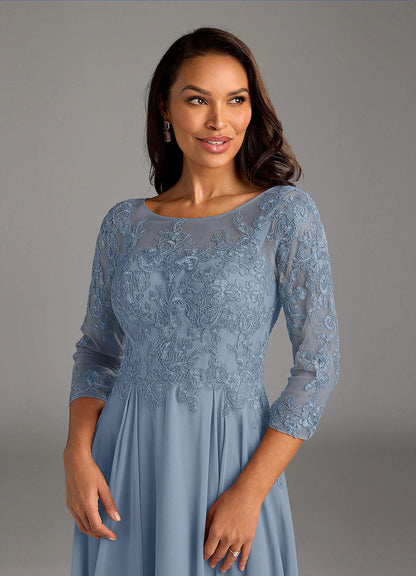 Dusty Blue A-Line Scoop Lace Chiffon Dress