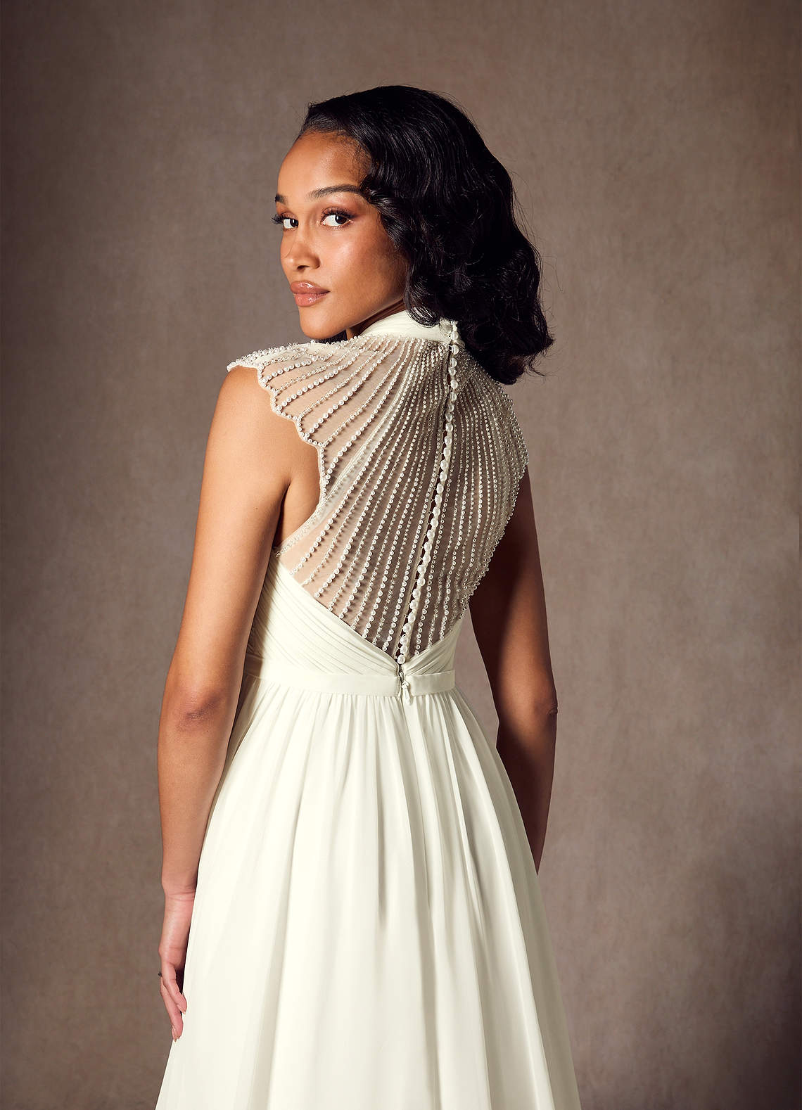 Cream A-Line Pleated Chiffon Dress